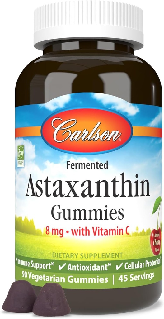 Carlson - Astaxanthin Gummies, con vitamina C, Immune Support, Antioxidante, Heart Health, Non-GMO, Cherry Flavor, 90 Gummies Vegetarianas