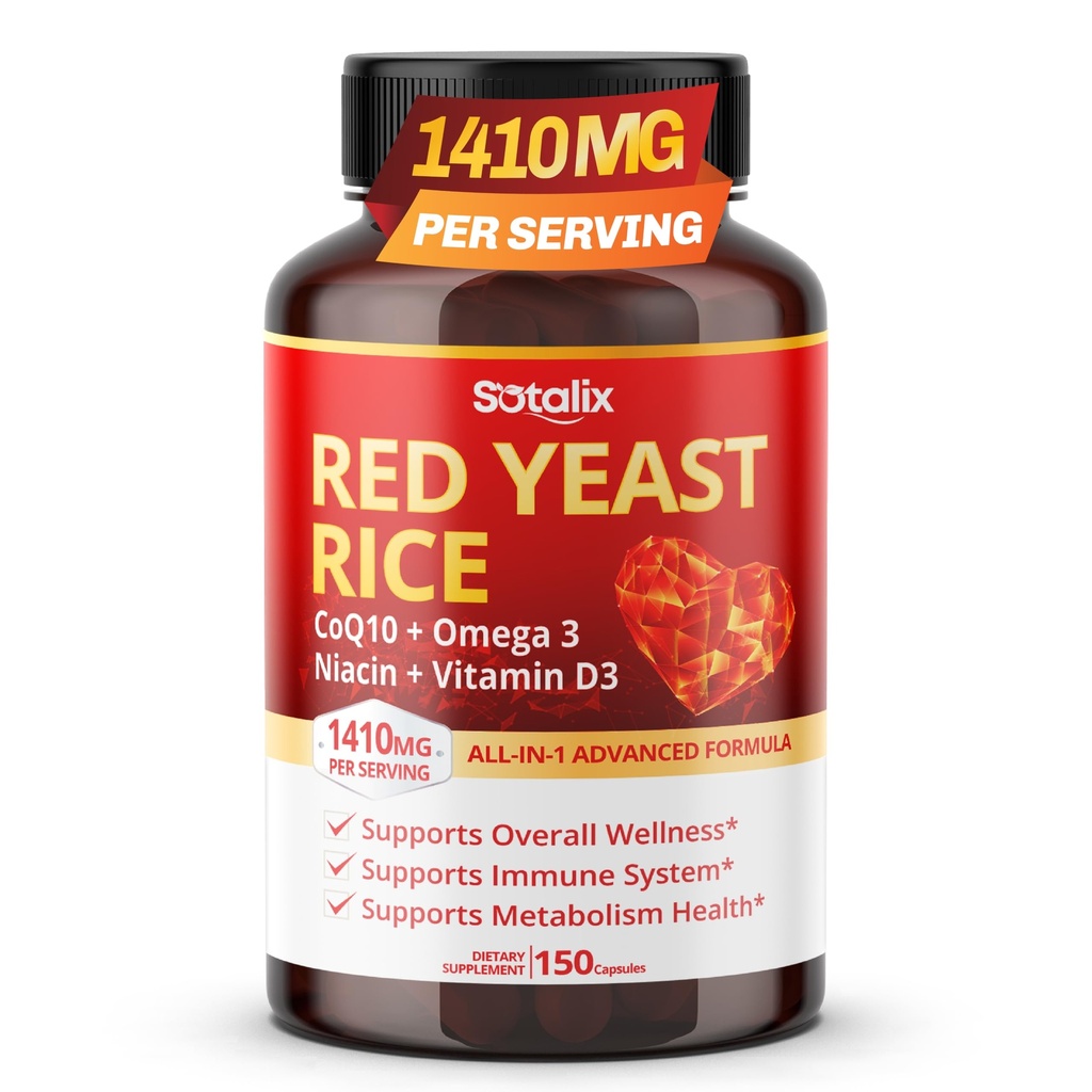 Arroz de levadura ultra roja con CoQ10, Omega 3 Niacina, Vitamina D3 para el bienestar general, Immune System Support - USA Made " Tested (150 Conde (Pack de 1))