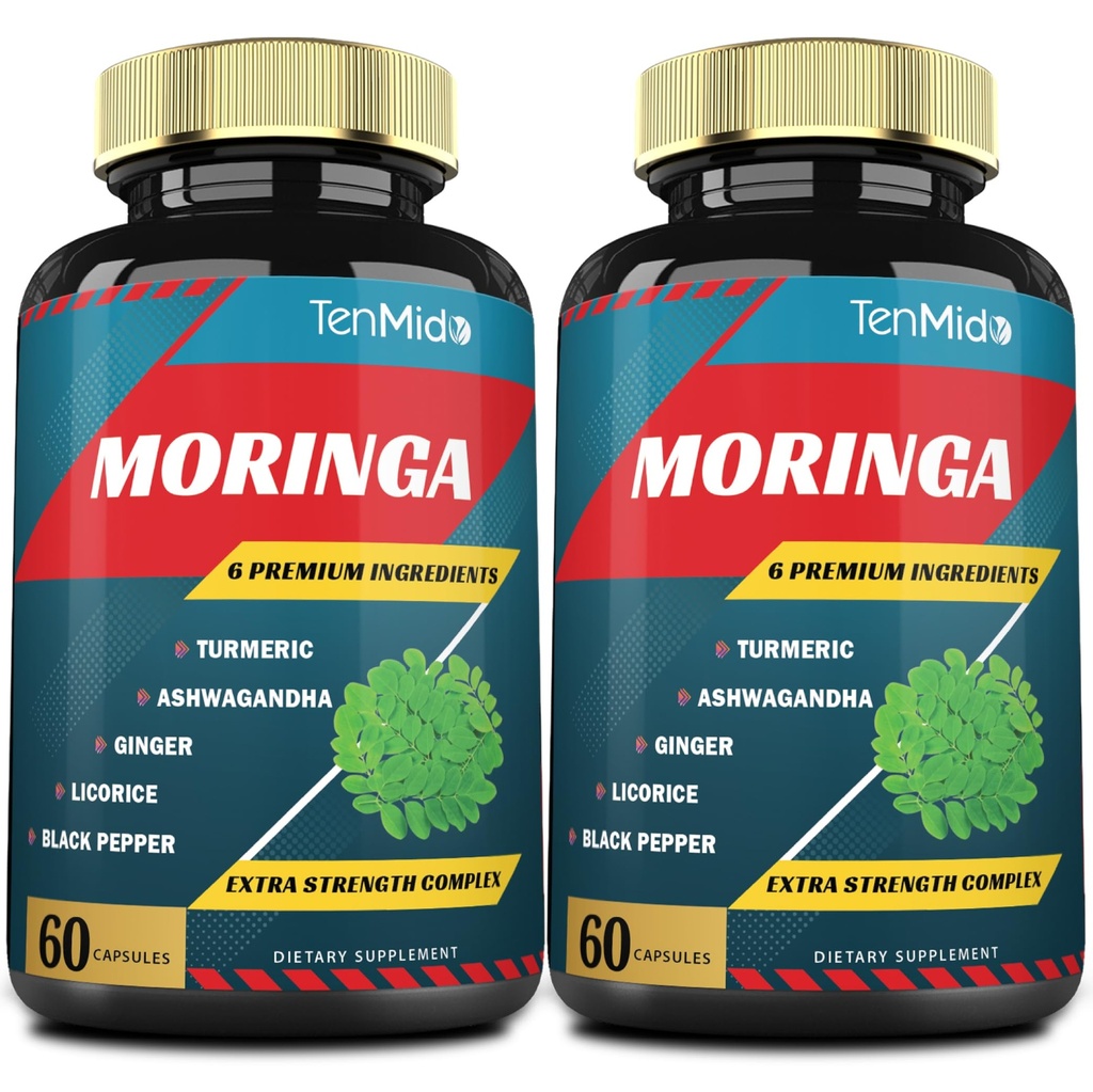 2 Packs Moringa Capsules, 4 Months Supply with Turmeric, Ashwagandha, Ginger, Licorice, Black Pepper ¦ Immune Support, Energy Booster ← Oleifera Leaf Herb Supplements