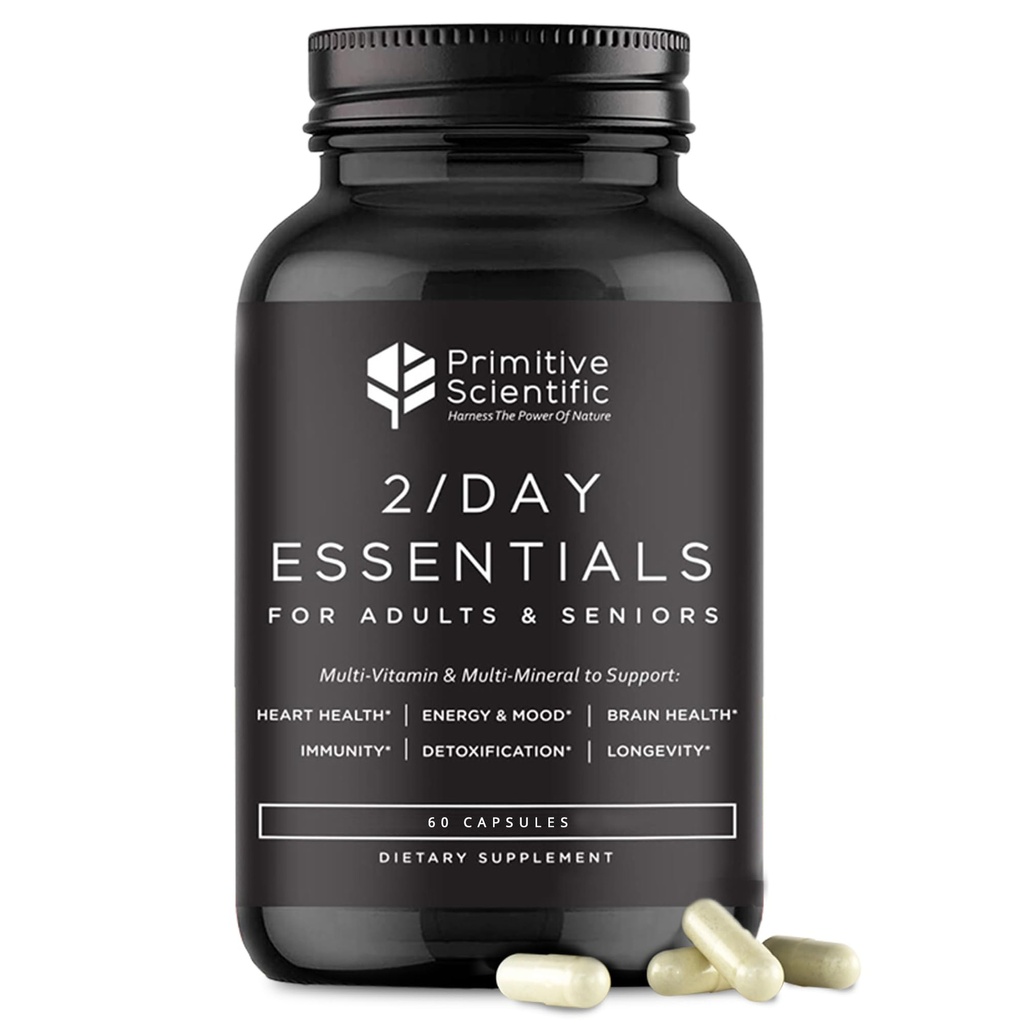 Multivitaminas esenciales enteras de alimentos para adultos y adultos mayores - 2X al día - Vitamina A, C, D, E, B12 y Minerales - Soporte natural y holístico (60 cápsulas)