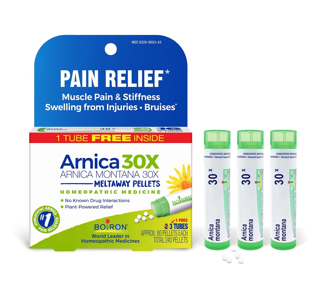Boiron Arnica Montana 30X Medicina Homeopática para el Alivio del Dolor Musculo, Esfuerzo Musculo, Hincha de Lesiones y Descoloración de Bruises - 3 Conde (240 Pellets)