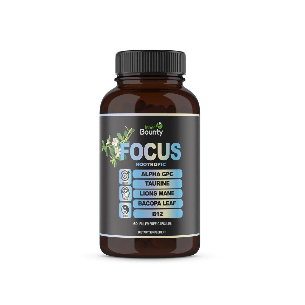 Focus 14-in-1 Suplemento Nootropic Brain con Lions Mane, Alpha GPC Choline, Vitamina C &amp; B12, Taurine, Bacopa - Energy, Cognitive, Memory Support, 60 Filler Free Capsules