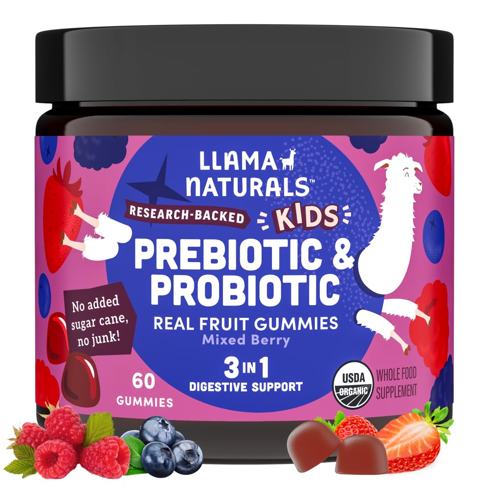 Llama Naturals Kids Probiótico con fibra prebiótica, Vegan, Prebióticos orgánicos y Gummies Probióticos para Gut Health Support, Toddler Real Fruit Gummy Vitaminas, No Añadido caña de azúcar, Berry mixto, 60 Ct
