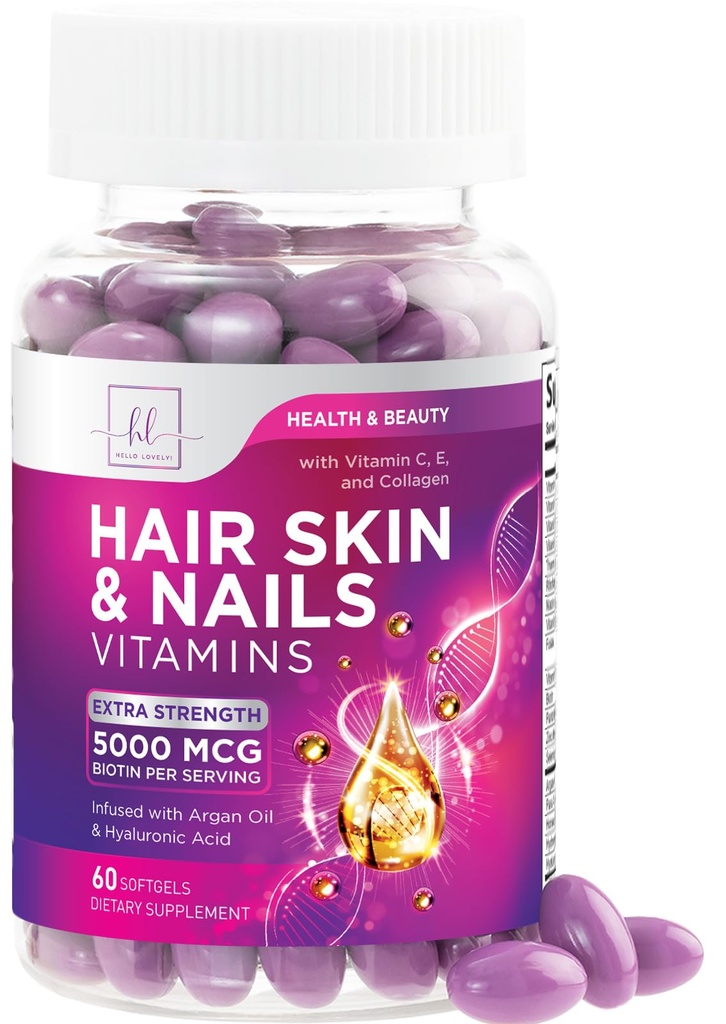 Peluquería, Esquí y uñas Vitaminas para Mujeres - Biotina 5000mcg para apoyar el crecimiento del cabello con aceite de argán, colágeno &amp; ácido hialurónico, hermosa, piel más fuerte, pelo &amp; uñas Suplemento de vitamina - 60 Softgels