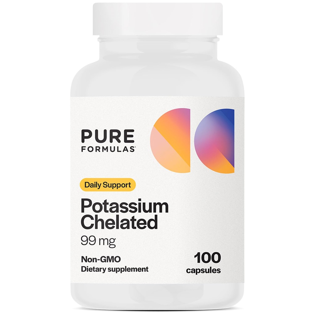 PureFormulas Suplemento de Potasio Chelated 99 mg Altamente Absorbable Pure Potassium Formula for Energy, Nerve, Muscle, Kidney, Heart, and Skeletal Support, Non-GMO - 100 cápsulas vegetarianas