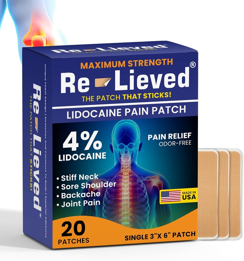 Re-Vivido 4% Lidocaine Patches Maximum Strength - Aluminum-Free, Water Resistant and USA Made -Superior Sticking Pain Relief Patches Quickly Relieves Back, Joints and Muscle Pain-3x6 Inches (20 Conde)