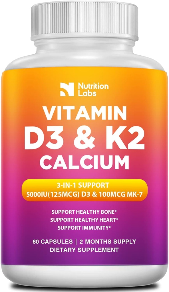 Vitamina D3 K2 5000 UI Suplemento con Calcio, Multivitaminas Soporta Salud Inmune, Huesos Fuertes,Cuentos " Funciones cardíacas con Bioperina Pimiento Negro Extracto 60 Cuenta (Pack of 1)