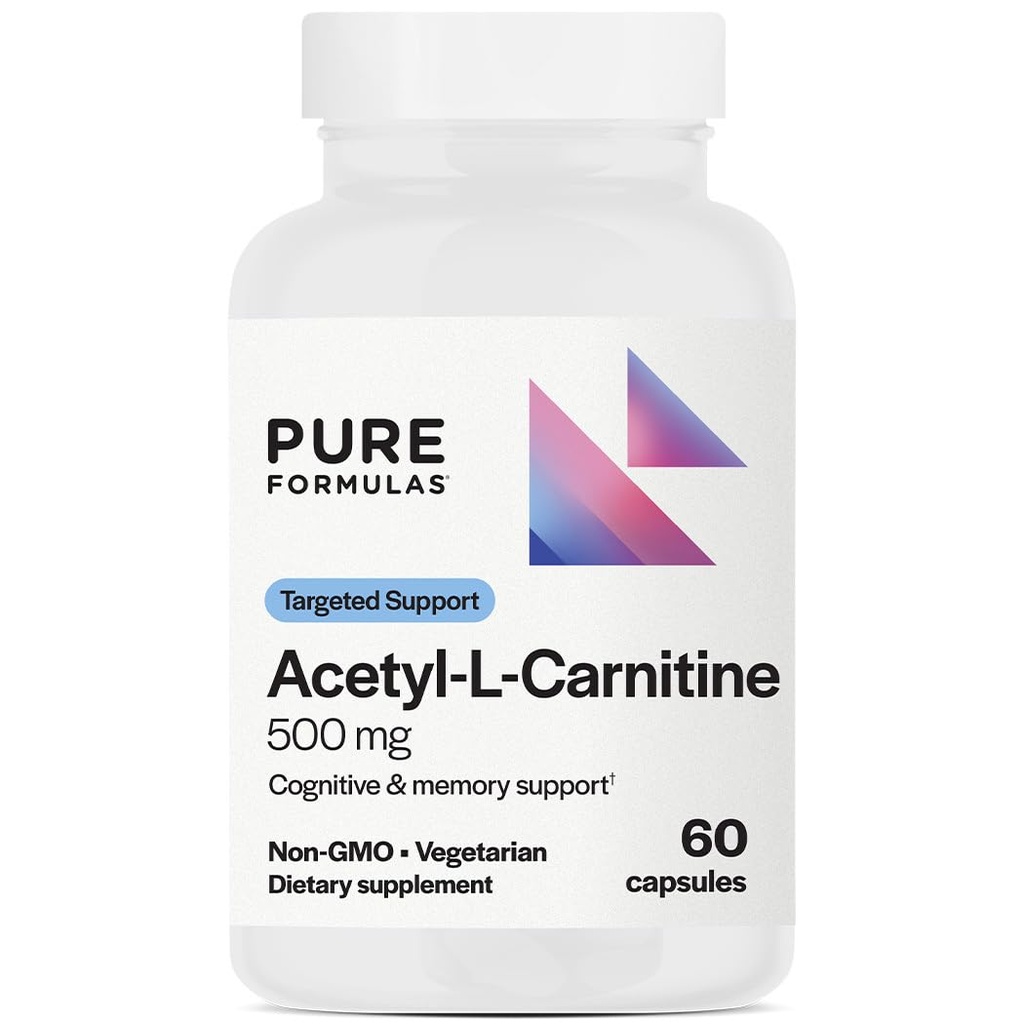 PureFormulas Acetyl L-Carnitine Cognitive & Memory Support L Carnitine Supplement for Brain, Focus, " Calmness Alcar, 500mg Dairy Free Non-GMO 60 Capsules