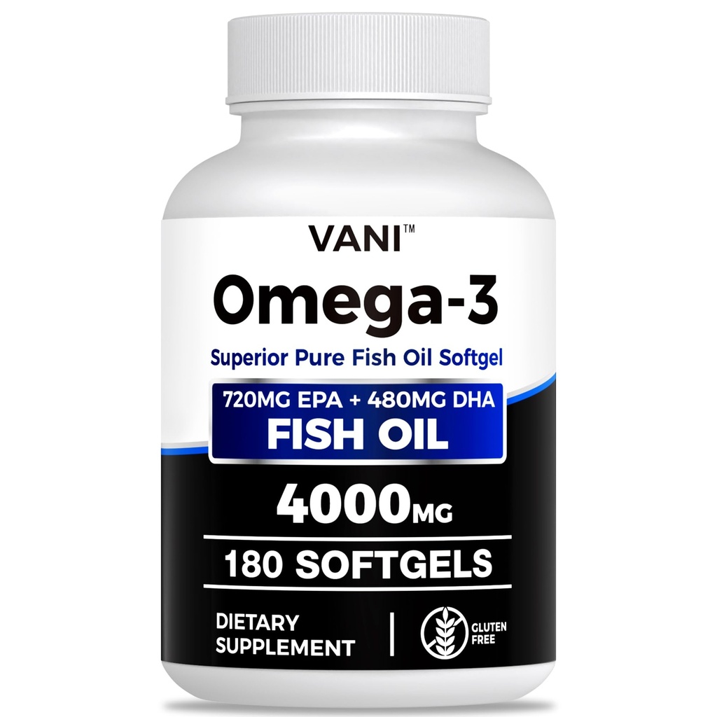Petróleo de pescado Omega 3 (4000mg), 180 Softgels,Omega 3 Suplementos de ácido graso con EPA &amp; DHA para la salud cerebral*