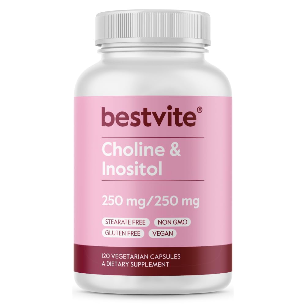 BESTVITE Choline Inositol 500mg (120 cápsulas vegetarianas) - No Stearates - No Fillers - No Dicalcium Phosphate - Vegan - No GMO - Gluten Free
