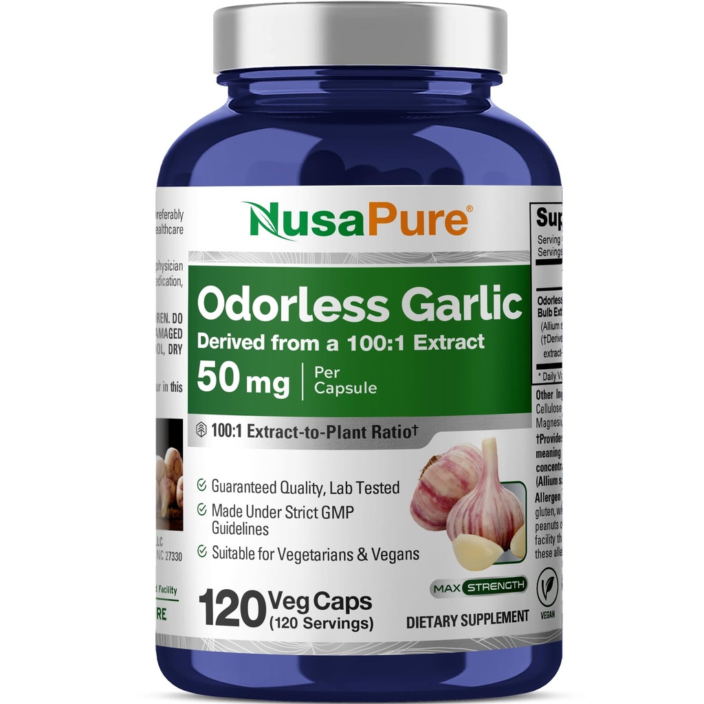 NusaPure Ajo sin olor 100:1 Extracto, 50 mg Equivalente a 5000mg Cápsula Silencio 120 Cápsulas Veggie peru High Potency ← Herbal Suplemento 