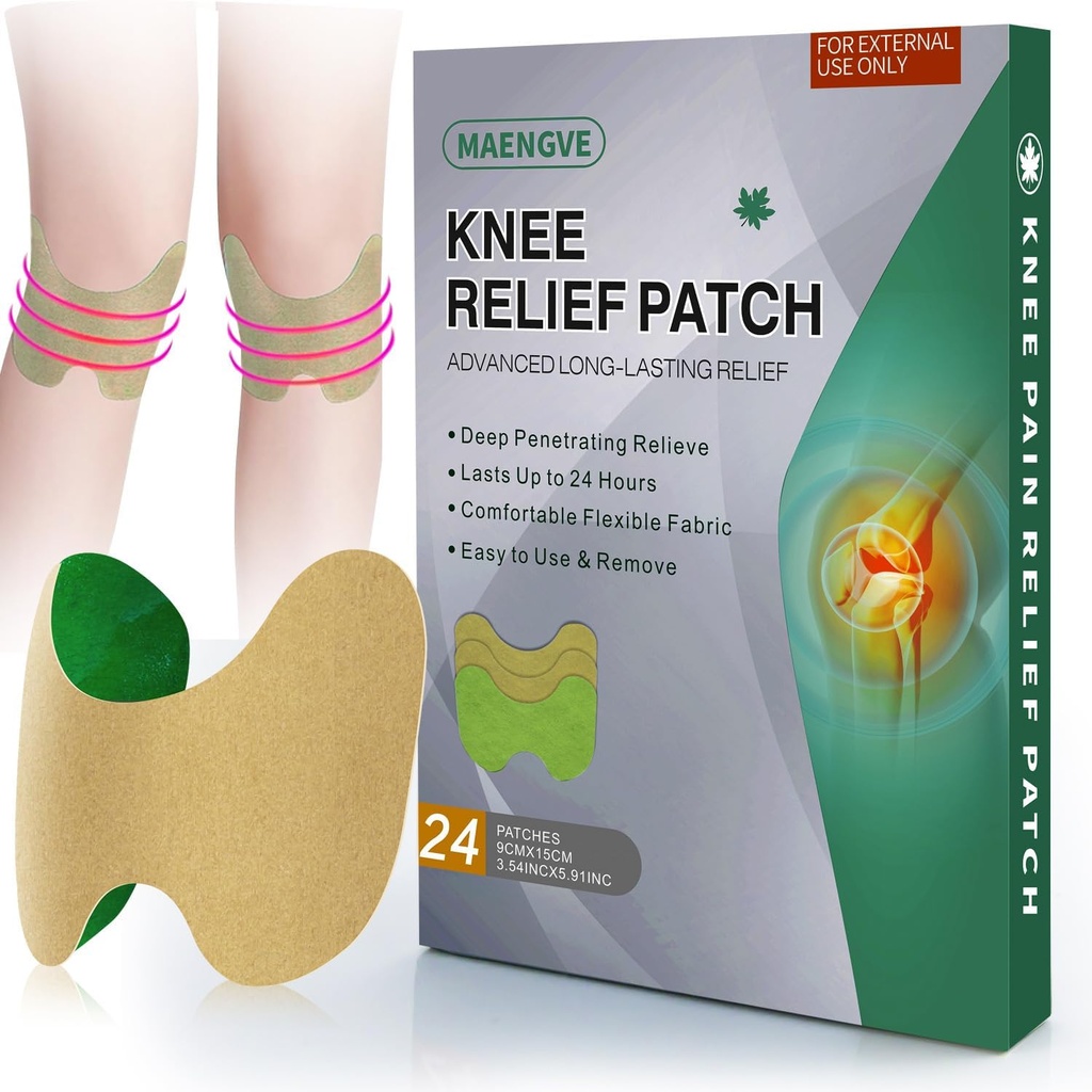 Knee Pain Relief Patch 24 Count - Warming Herbal Knee Patches with Mugwort, Capsaicin & Menthol - 12 horas Long Lasting Knee Soporte para Bone on Bone, Joint Pain, Muscle Soreness