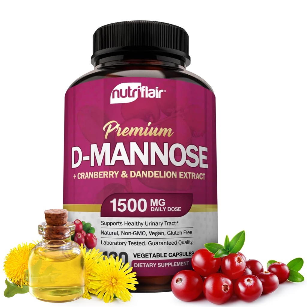NutriFlair D-Mannose 1200mg, 120 cápsulas - con extracto de arándano y de Dandelión - Natural UTI Asistencia para la salud del tracto urinario - Best D Mannose Powder - Flush Impurities, Detox Body, para Mujeres y Hombres
