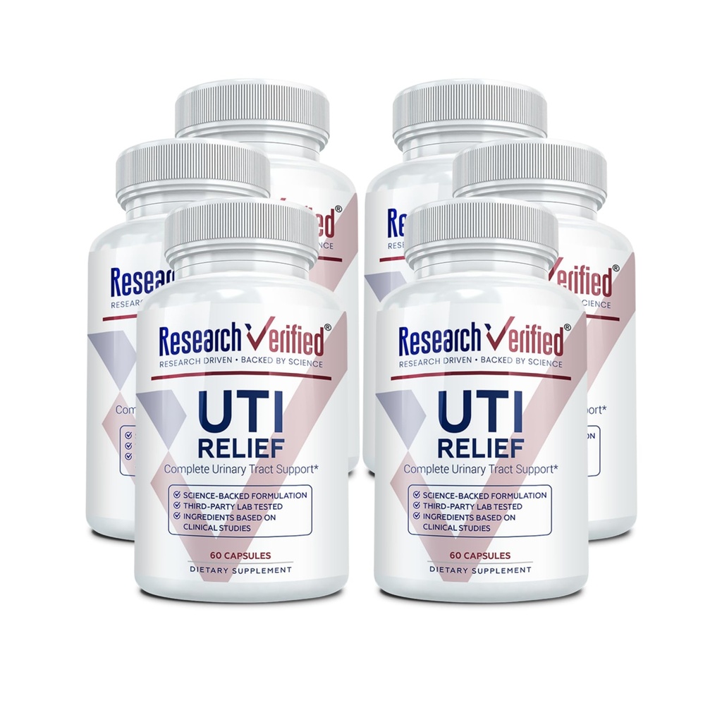 Investigación Relieve UTI Verificado - Suplemento de Apoyo a la Tract Orinaria - 100% Natural, Vegan con Lingonberry, Cranberry & D-Mannose - 6 Botella (6 Mes de Suministro)