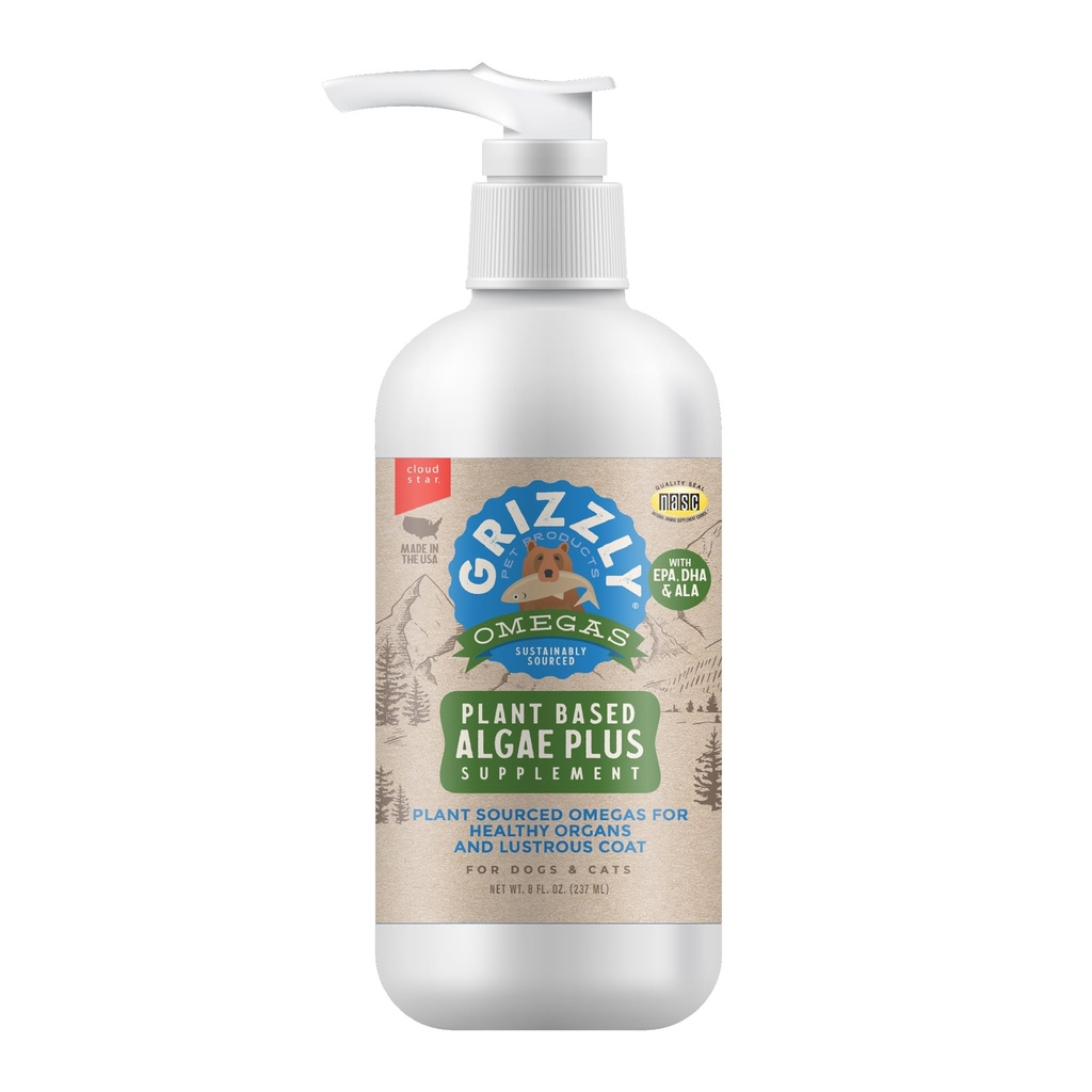 Grizzly Pet Products Algal Plus Omega 3-6-9 Suplemento alimenticio para perros y gatos, 8 Botella de onda