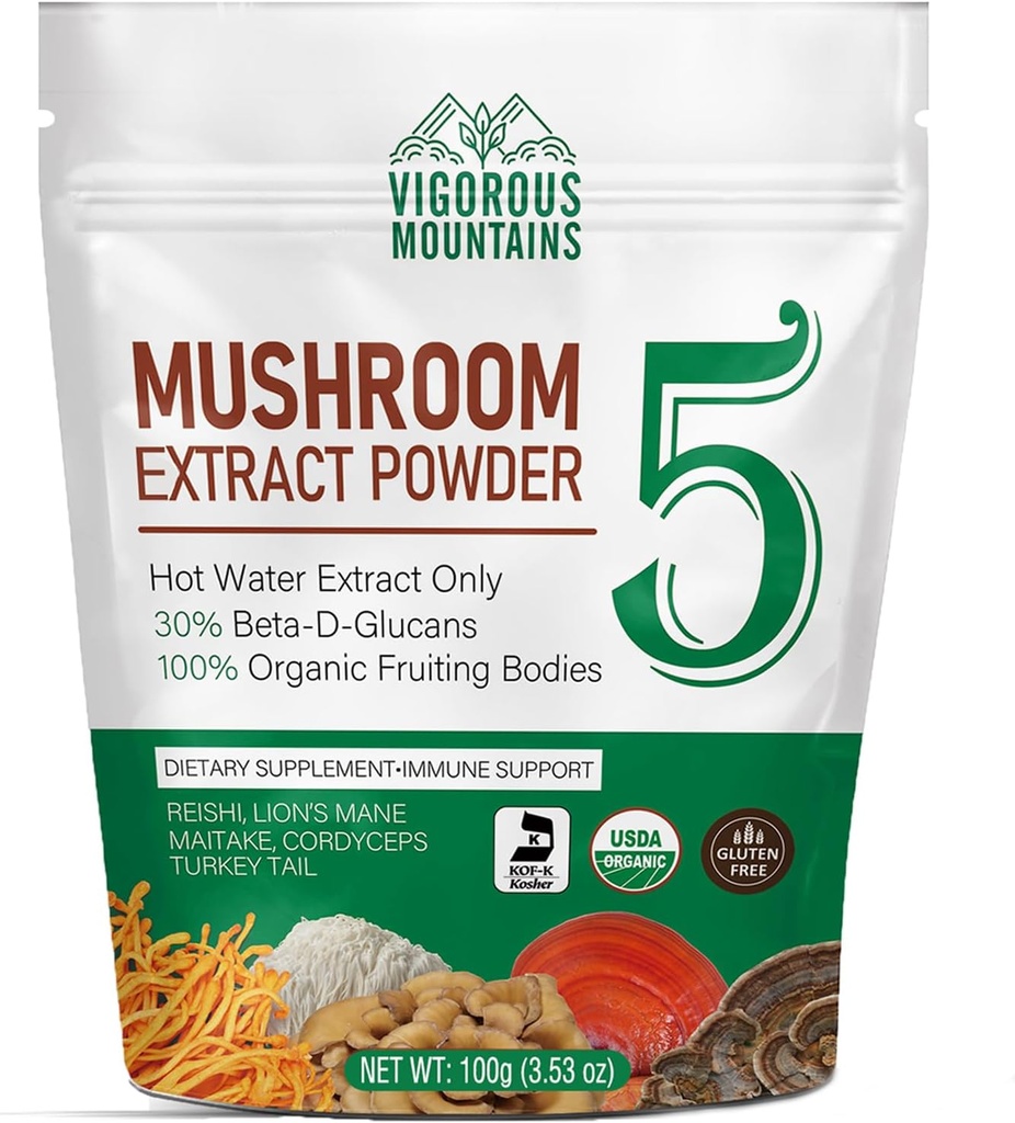 VIGOROUS MOUNTAINS Organic Mushroom Powder Supplement - USDA Certified, Lions Mane " Reishi for Immune Support, Brain Focus, Vegan, Mixes Instantly in Coffee " Smoothies (100g)