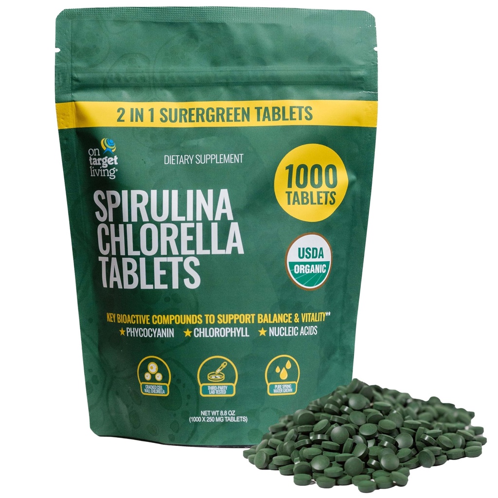 On Target Living Organic Spirulina Chlorella ← Supergreens Silencio USDA Orgánica tención 1000 Tablets - 250 G (8.8 oz) Silencio Vegan Silencio Immune Apoyo Silencio Alkalyzing ← Nutrient Dense ← Protein Dense