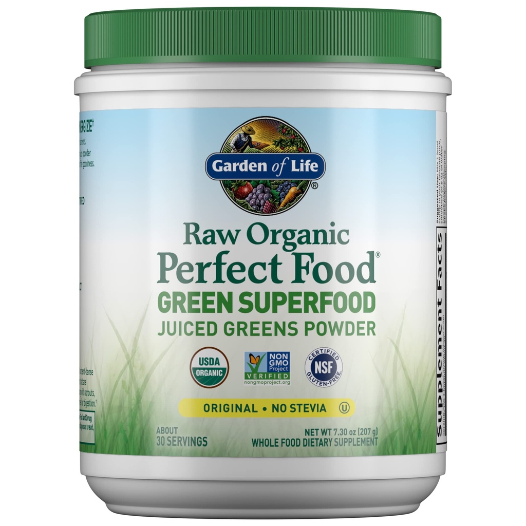 Jardín de la vida Alimentos ecológicos perfectos orgánicos verdes superalimentos verdes jugosos Polvo - Original Stevia-libre, 30 Sirviendo, No GMO, Gluten suplemento dietético alimenticio completo, Alkalize, Detoxify, Energize
