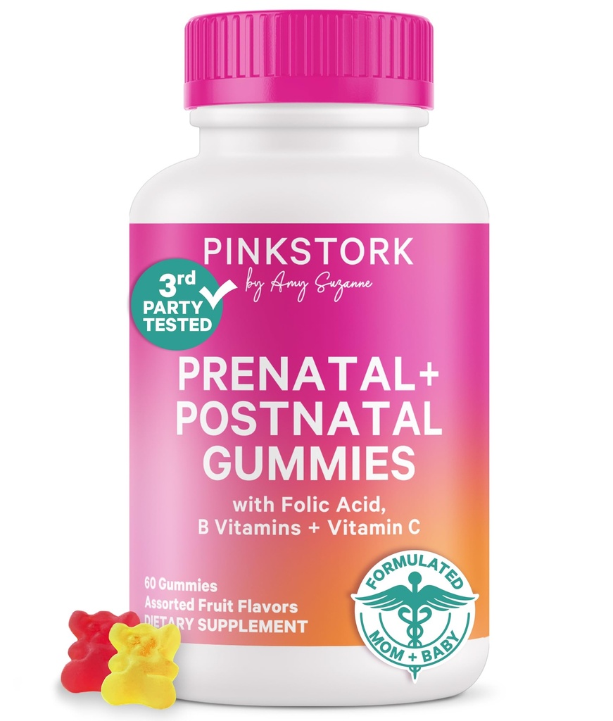 Pink Stork Fertilidad + Prenatal + Postnatal Gummy Vitaminas – Full Motherhood Journey Support – Multivitamin with Folate, B Vitamins, Zinc & Biotin – 60 surtidos de frutas