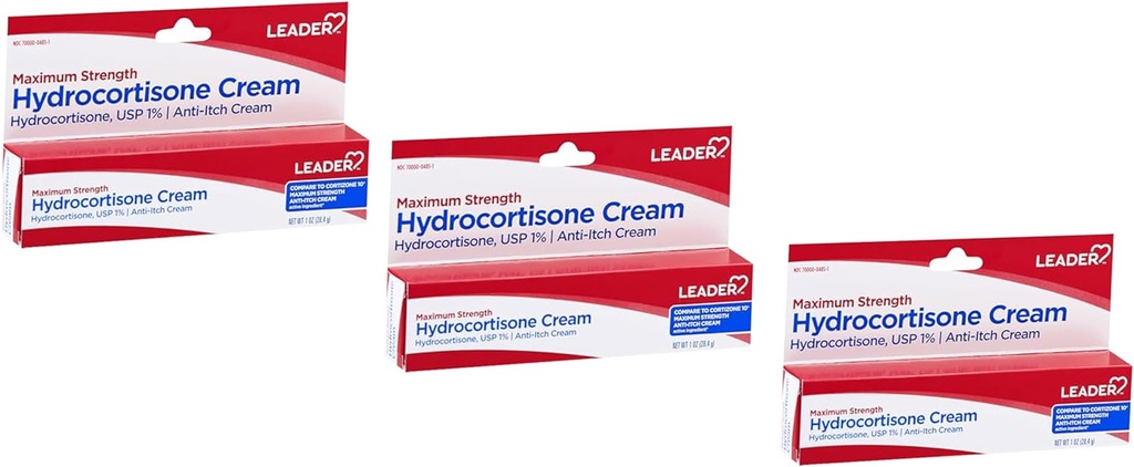 Crema de hidrocortisona líder, Loción anti Itch para la psoriasis, Fuerza máxima, Crema de Alivio de Itch Instant para Mosquito Bites, Eczema, Dermatitis, Infecciones de la piel " Hemorroides, 1 oz (3)