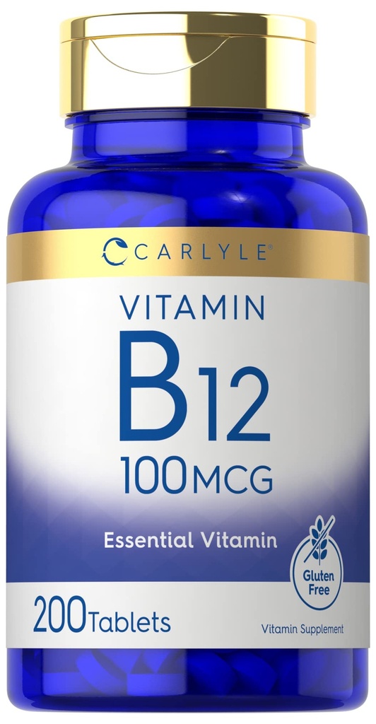 Carlyle Vitamina B12 100mcg ← 200 Tablets ← Suplemento de vitamina esencial ← Vegan, No GMO y Fórmula libre de gluten