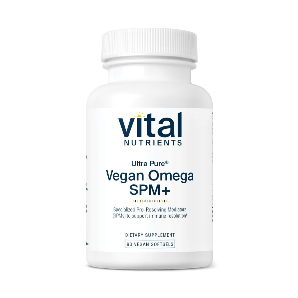 Vital Nutrients Ultra Pure® Vegan Omega SPM+ Ø Vegan Specialized Pro-Resolving Mediators (SPM) Omega-3 Suplemento Silencio Minor Joint Discomfort Relief* ← Gluten, Dairy, Soy Free, Non-GMO TEN 90 Mini Softgels