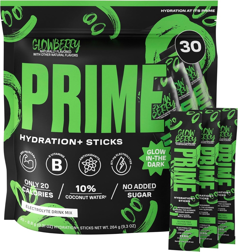 PRIME HYDRATION+ Pegatinas GLOWBERRY ANTE Hydration Powder Single Serve Sticks ¦ Electrolyte Powder On The Go ← Low Sugar ← Caffeine-Free ← Vegan ← 30 Sticks