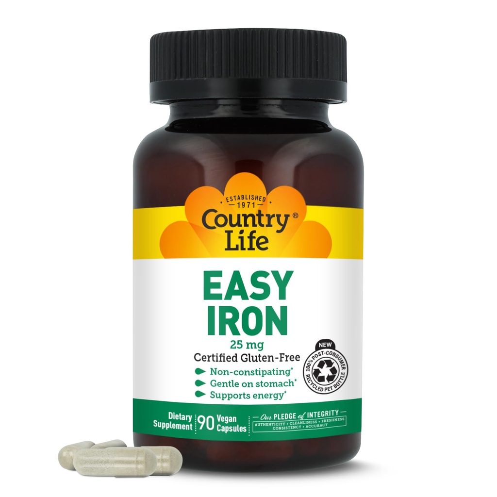 Country Life Easy Iron 25mg Capsules - Gentle Non-Constipating Ferrochel - Vegan Vitamin Supplement for Women &amp; Men - Supports Body Energy