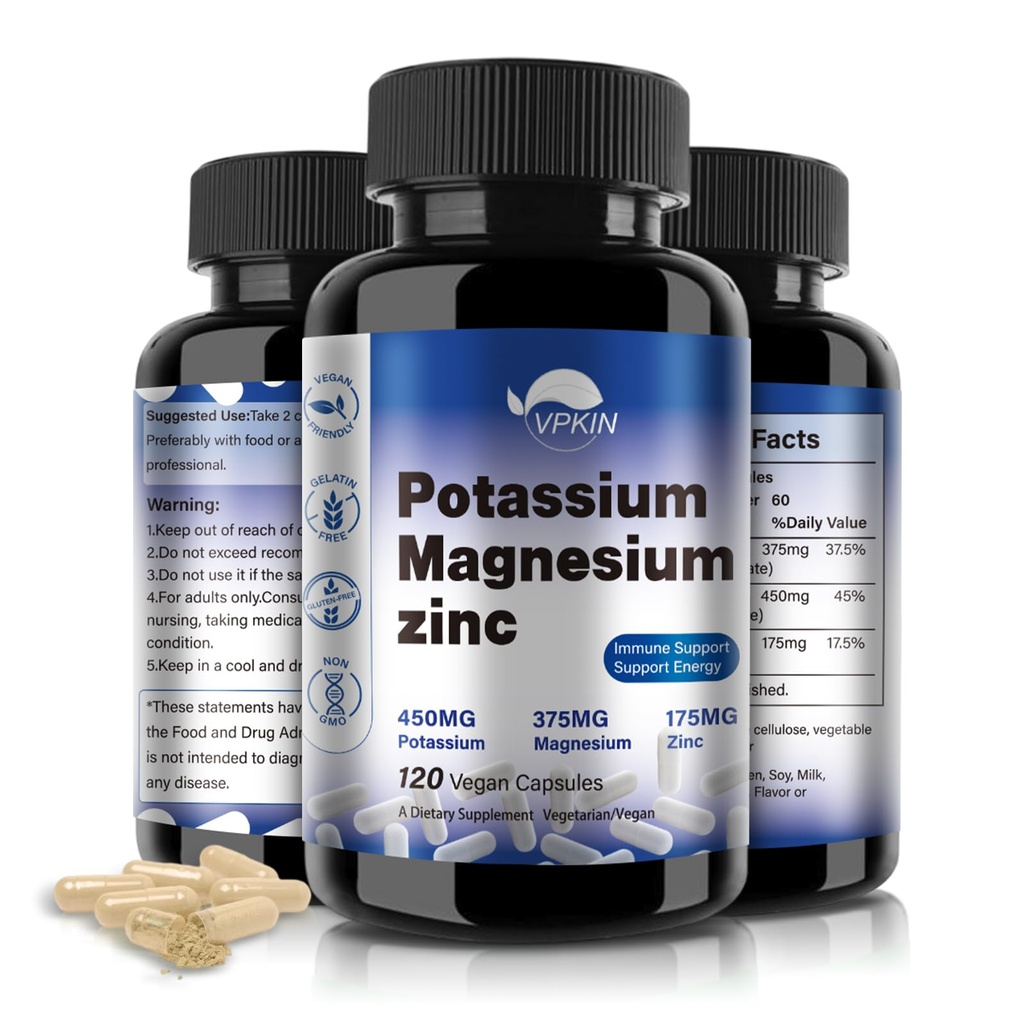 Suplemento de magnesio de potasio 1000mg, Magnesium Potassium Zinc Aspartate Support Vascular, Bone, Heart, Muscle & Nerve Health, Non-GMO, Vegan, (120 cápsulas)
