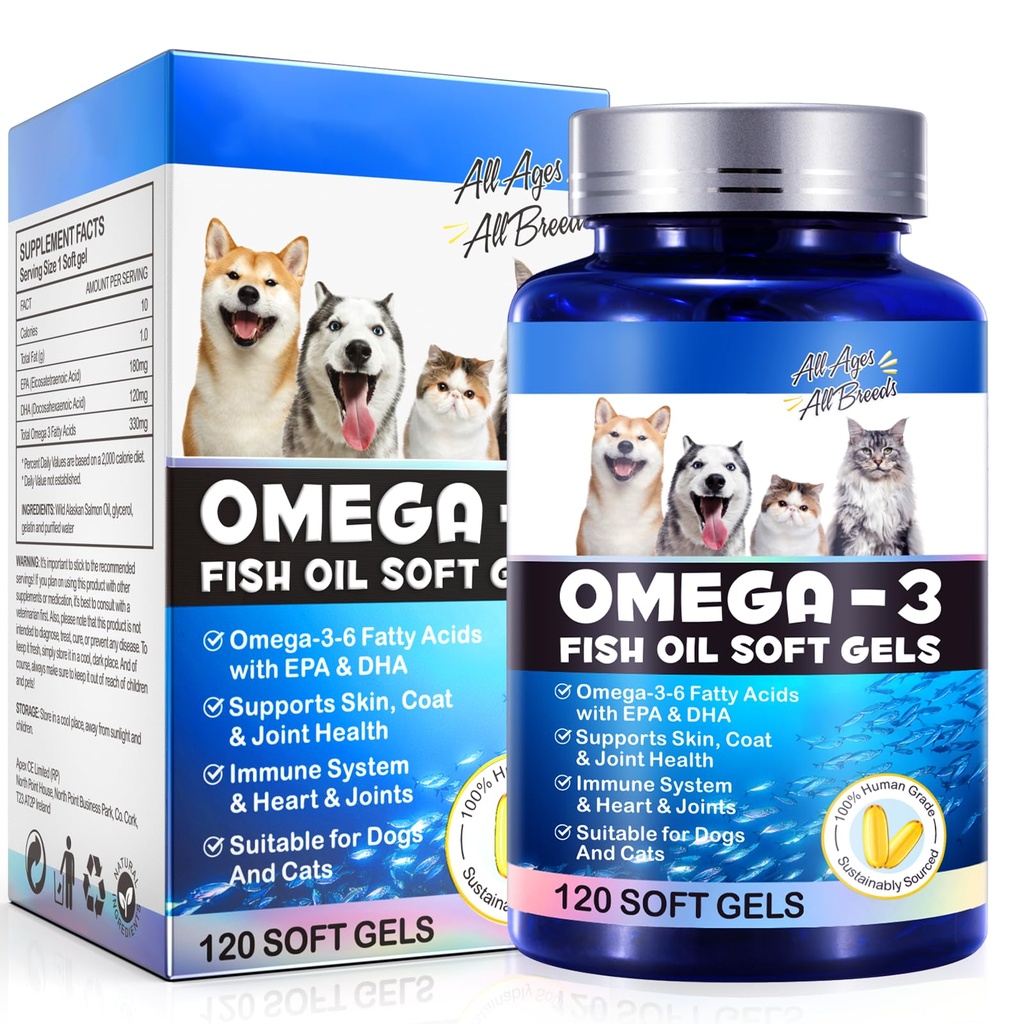 Omega-3 aceite de pescado para perros, Omega 3 aceite de pescado con EPA &amp; DHA ayuda a perros alergias estacionales Alivio, Boosts función inmune, Itch Skin Relief &amp; Promote Coat Health, Suplementos de mascotas - 120 geles blandos