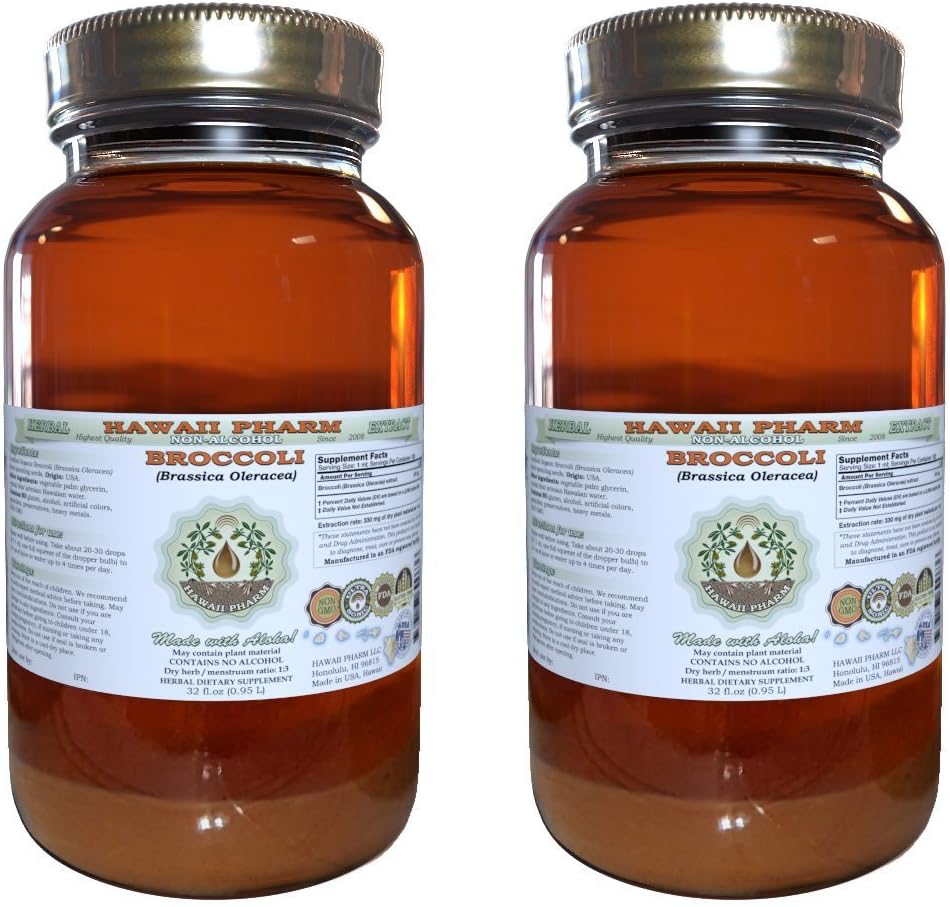 Hawaii Pharm Broccoli Extract líquido libre de alcohol, Broccoli orgánico (Brassica Oleracea) Sprouting Seed Glycerite Natural Herbal Suplemento 2x32 oz Unfiltered