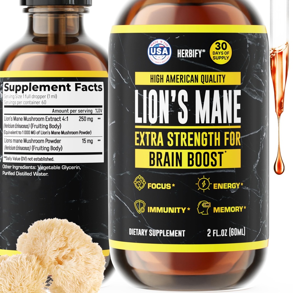 HERBIFY Lions Mane Suplemento - Daily Mushroom Supplement for Memory, Focus & Clarity - Brain Booster - Lions Mane Tincture for Immune Support - 2 Fl oz