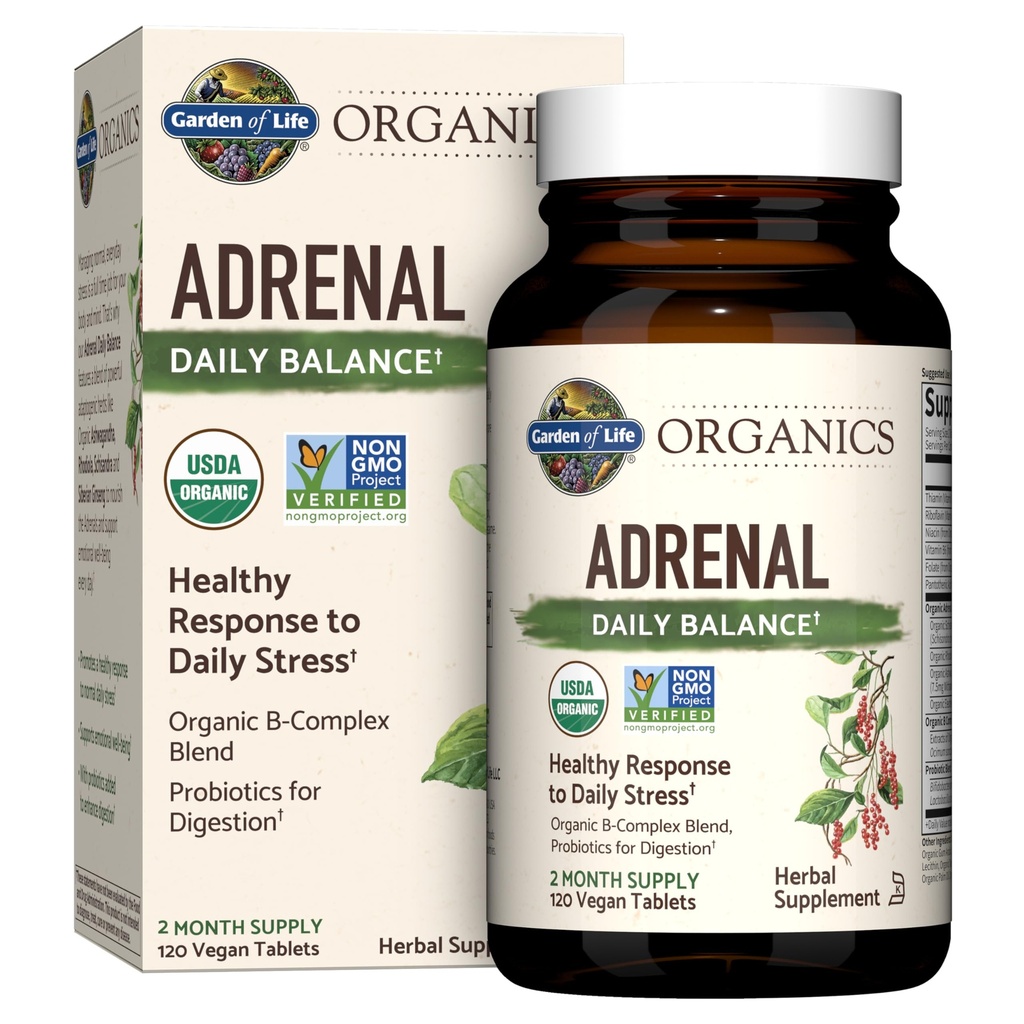 Jardín de Vida Orgánicas Balanza diaria Adrenal, Hierbas Adaptogénicas Ashwagandha, Basil Santo, Complejo B &amp; Probióticos, Orgánica Non-GMO, Vegan, Suplemento libre de gluten, Dos Mes Fuente, 120 Tabletas
