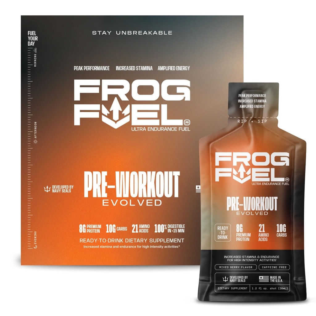 Frog Fuel Ultra Energy Gel " Pre Workout Shot with 1500mg Beta Alanine, Electrolytes 8g Protein Nano-Hydrolyzed Grass Fed Collagen, 10g Carbs, Gluten Free, Fat Free, Berry, 1.2 oz Packets, 24 Pack