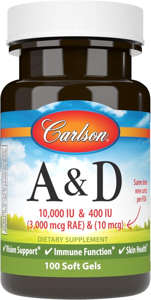 Carlson - A &amp; D, 10000 UI (3000 mcg RAE) Vitamina A, 400 UI (10 mcg) Vitamina D3, soporte de visión, salud de la piel, 100 geles blandos