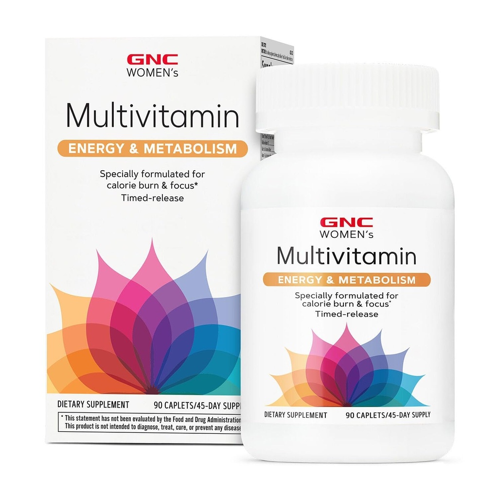 GNC Mujeres Energía y Metabolismo Multivitamínicos Caplets, Comida Clínica, Calorie Burn, Focus, 100 mg de cafeína, Nutrición Activa, Inmune, Bone, Belleza, Hierro, Biotina, Timed Release, 90 ct