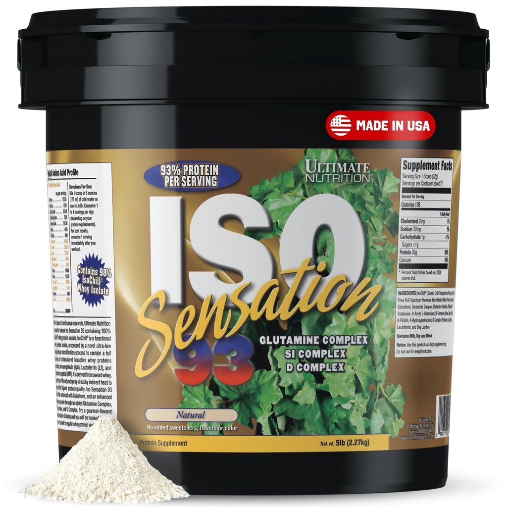 Ultimate Nutrition Whey Protein Isolate Powder with Glutamine Complex, ISO Sensation 93 - Whey Protein Powder with Añadido Colostrum for Enhanced Recovery, Immunity & Gut Health - Natural, 5lbs