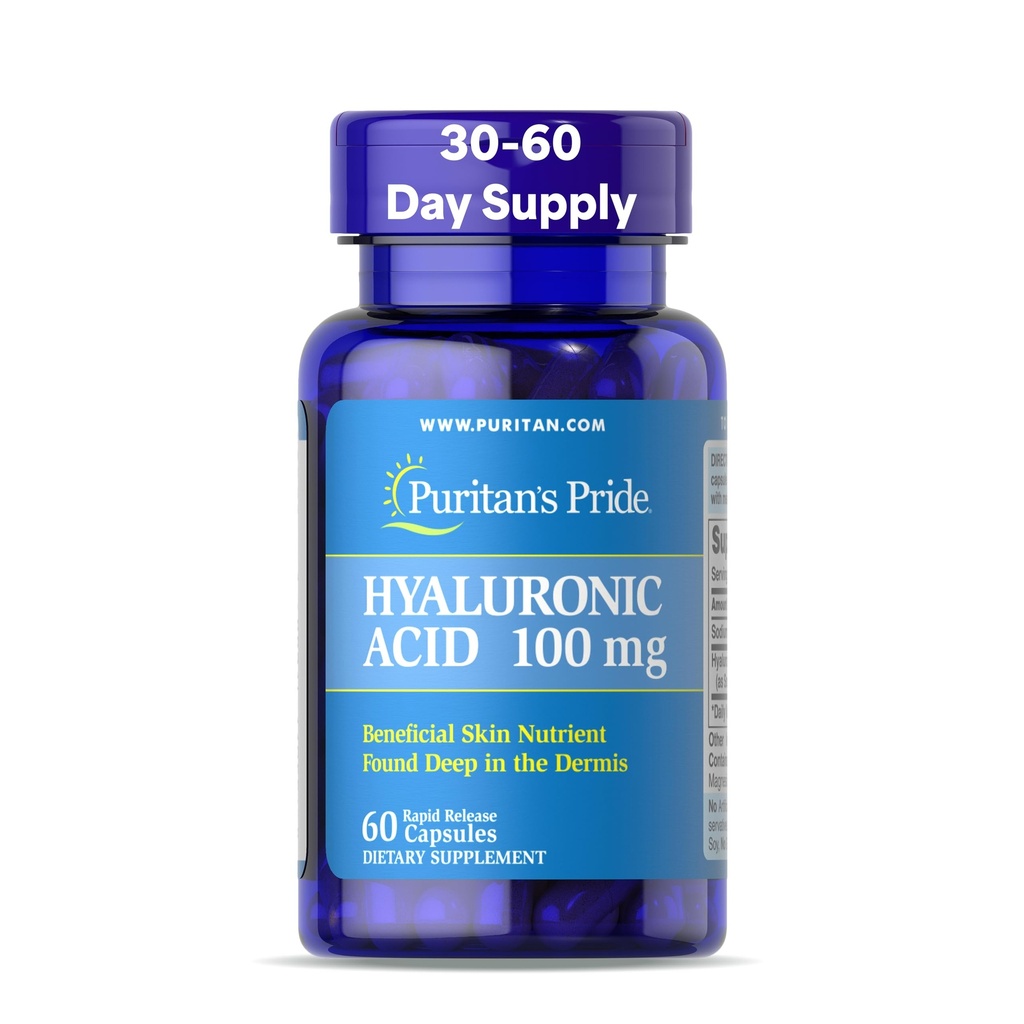 Puritans Pride Hyaluronic Acid 100mg, Suplemento dietético para la hidratación de la piel, 60 cápsulas de liberación rápida