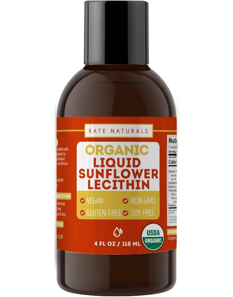 Kate Naturals Sunflower Lecithin Liquid for Cooking and Baking. Lecitina líquida para Gummies, Smoothies " Suplemento de lactancia (4oz, Orgánico, Vegan, Libre de gluten)