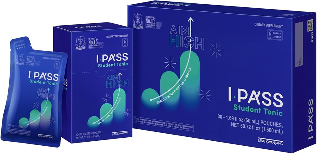 JungKwanJang iPass Student Tonic - Adaptogen Energy Drink Supplement with Korean Red Ginseng, Jujube, Astragalus & Angelica - Daily Support for School and Activities (30 Pouches, 1,69 fl oz)