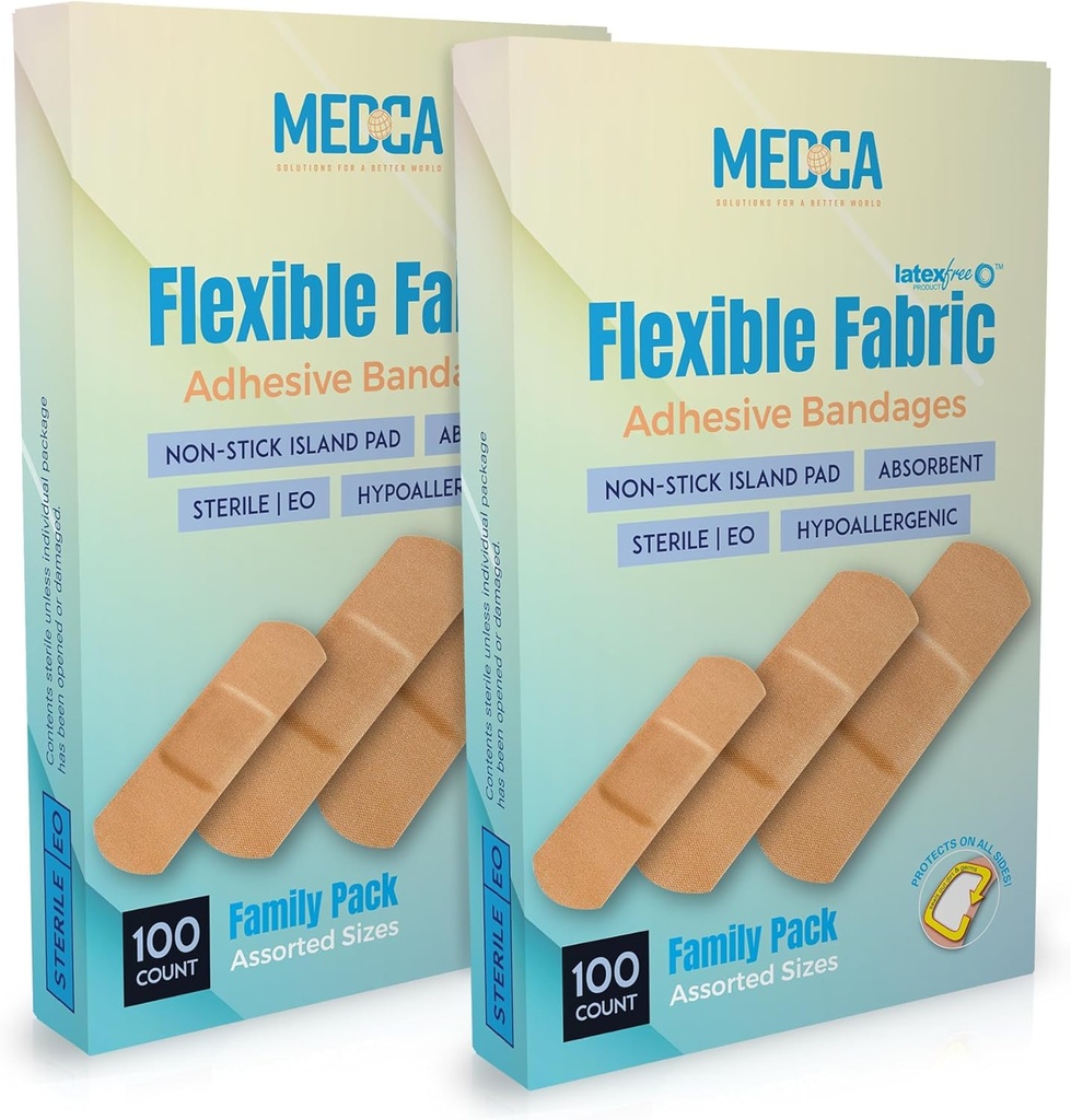Bandas adhesivas de tejido flexible para una amplia protección flexible y cómoda de cortes menores, raspas, " Wounds, Tamaños surtidos (2-1/4"x5/8", 3" x3/4", 3"x1") - Twin Pack 100 CT Box