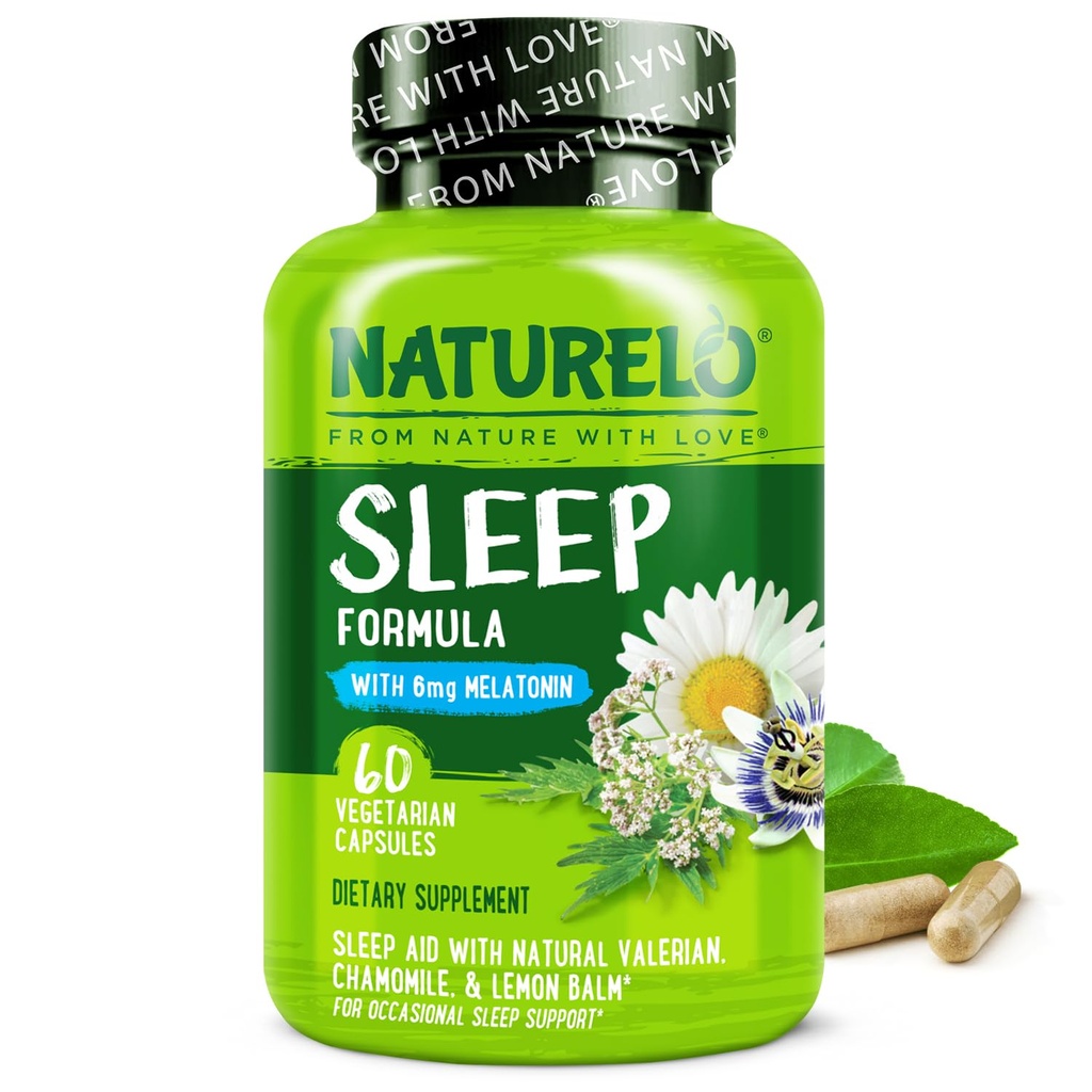 NATURELO Sleep Aid - con Melatonin, Magnesium, GABA, Valerian Root, Lemon Balm, Chamomile Herbal Extracts - Plant-Based Sleeping Aid - 60 Vegan Capsules