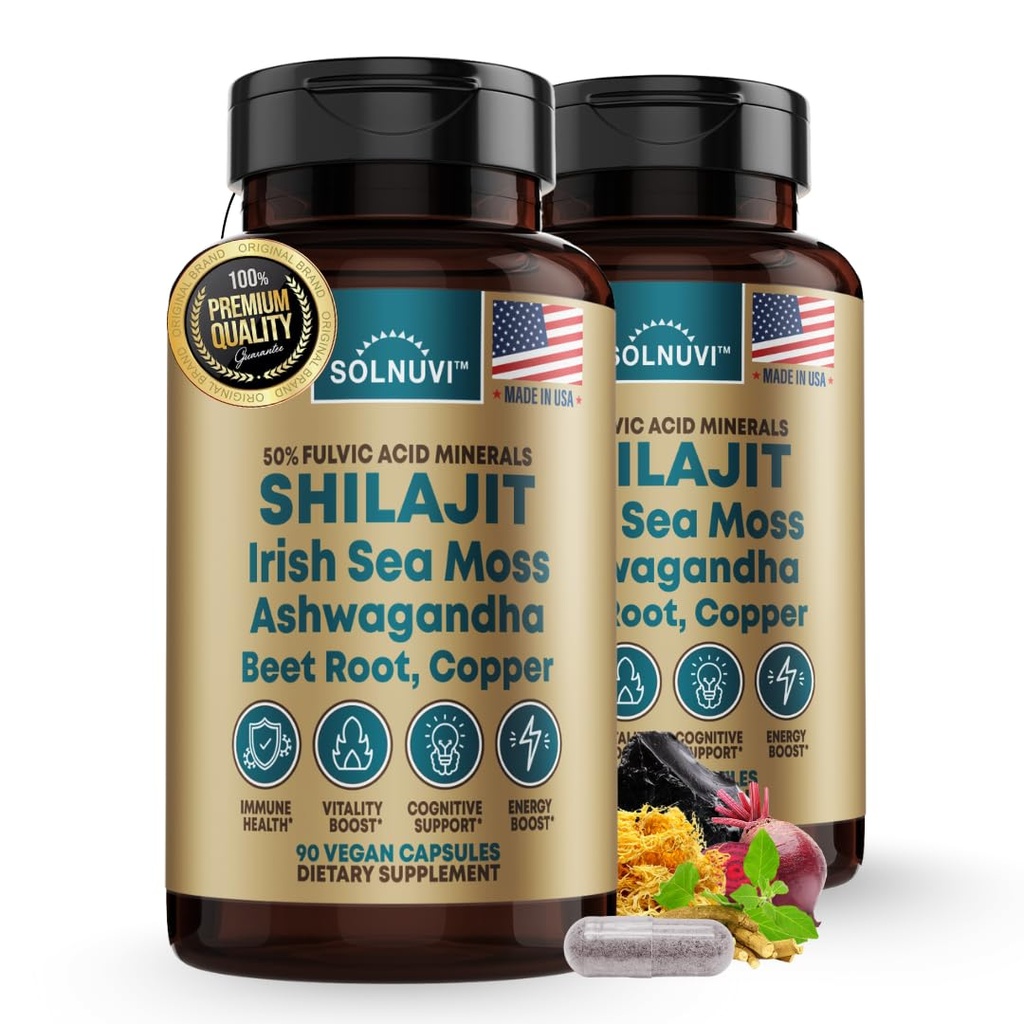 Shilajit Pure Himalayan Organic Capsules with Irish Sea Moss, Ashwagandha, Copper, Beet Root - Fulvic Acid Trace Minerals Supplement for Men &amp; Women - 90 Count, Non-GMO, Gluten-Free