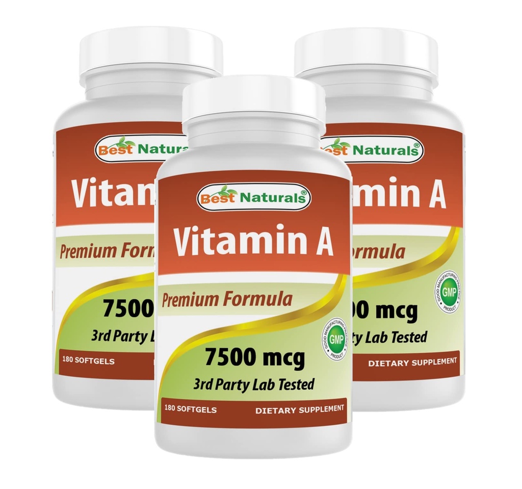 Mejores Naturales Vitamina A 25000 UI (7500 mcg), Fórmula No GMO apoya Sistema de visión saludable &amp; Crecimiento saludable &amp; Reproducción, 180 Softgels (180 Conteo (Pack of 3))
