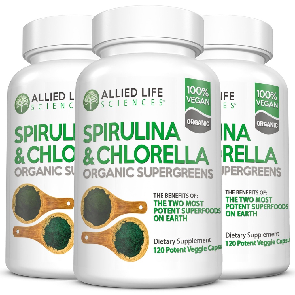 Vida Aliada Espirulina y Clorella ANTE Clorofila orgánica pólvora verde pólvora de proteínas cápsulas Superalimentación  durable Apoyo Natural Inmune (3 Bottle Pack)