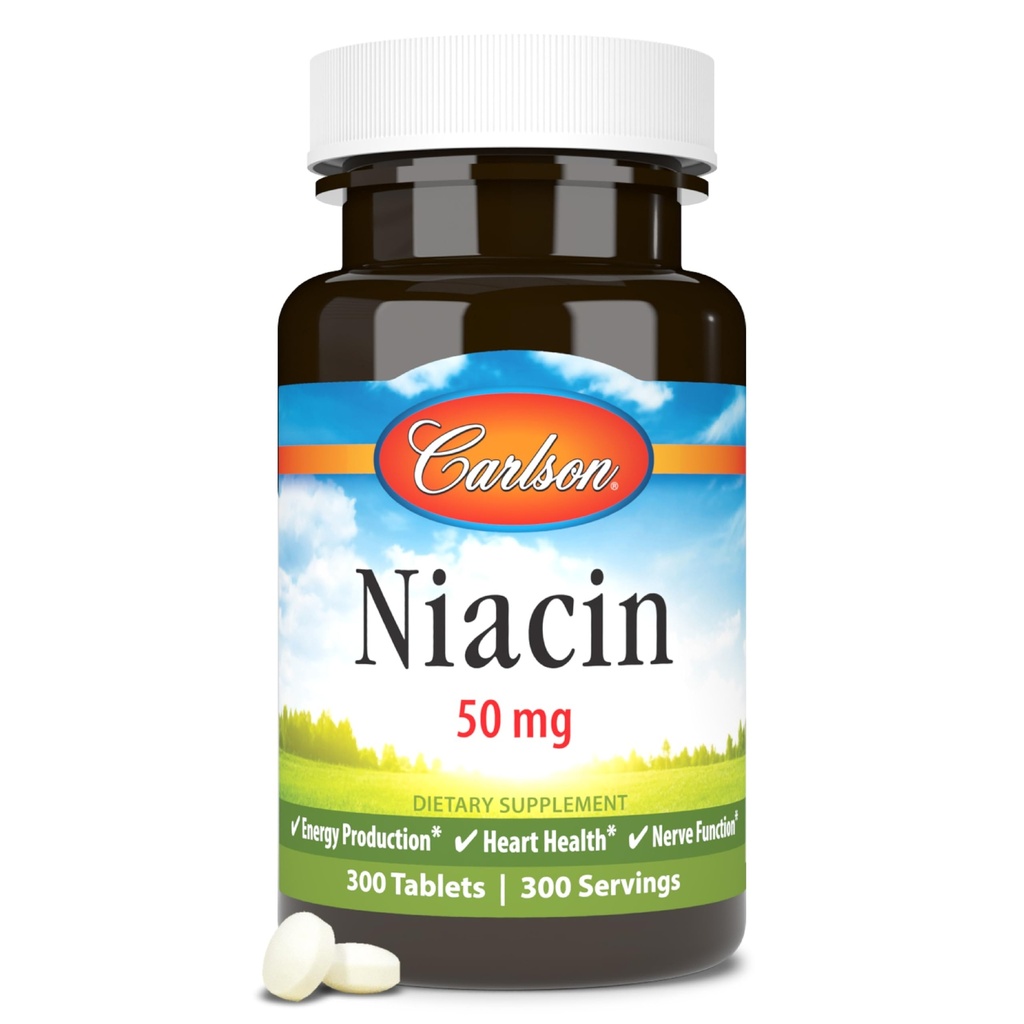 Carlson - Niacin, 50 mg, apoya el metabolismo del colesterol, producción de energía, salud cardíaca, función nerviosa, 300 tabletas