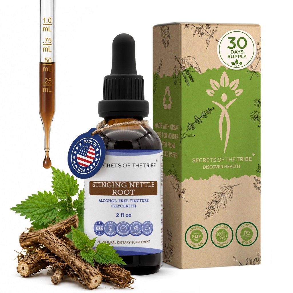 Secretos de la Tribe Stinging Nettle Extract líquido libre de alcohol, Stinging Nettle (Urtica Dioica) Root seco (2 FL OZ)