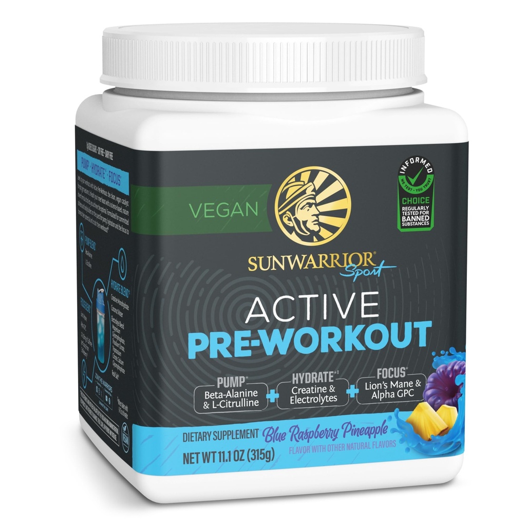 Sunwarrior Pre Workout Powder Energy Drink Vegan Plant-Based Supplement Pump, Hydrate, Focus, Endurance, " Strength Builder Blue Raspberry Pineapple Flavored 30 Servings Active Preworkout