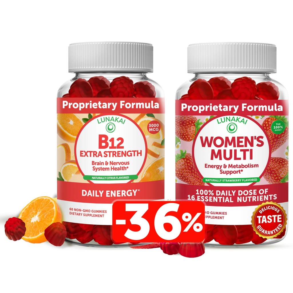 Lunakai Vitamina B12 y Mangas Multivitamínicas de Mujeres Bundle - Suplemento No GMO & Vegan para el apoyo energético y la salud ósea - 100% Valor diario de 16 vitaminas y minerales esenciales - 30 días de suministro