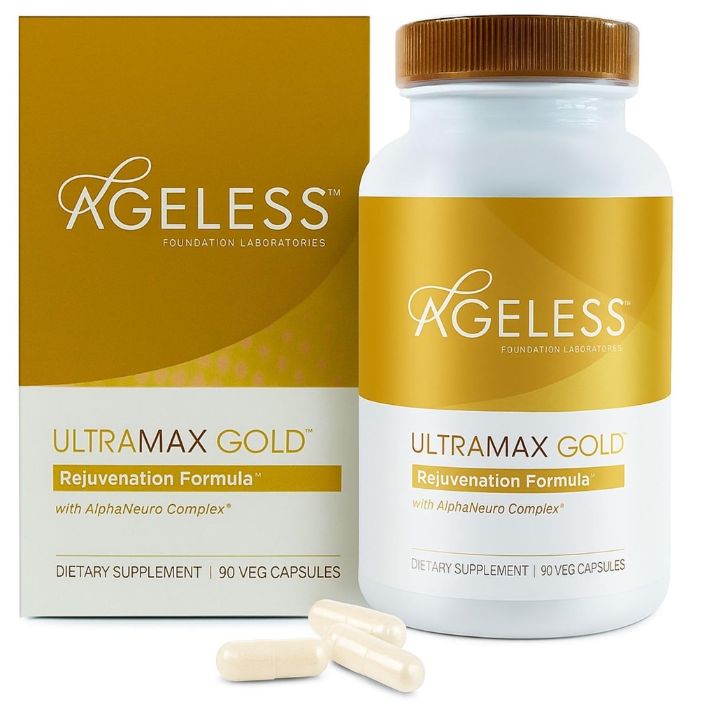 AGELESSTM: UltraMAX GoldTM Capsules, HGH Anti-Aging Supplement for Women, Slows Cellular Aging, Supports Immune Health, Smoother Skin Tone and Restorative Sleep, Weight Management, 90 Capsules